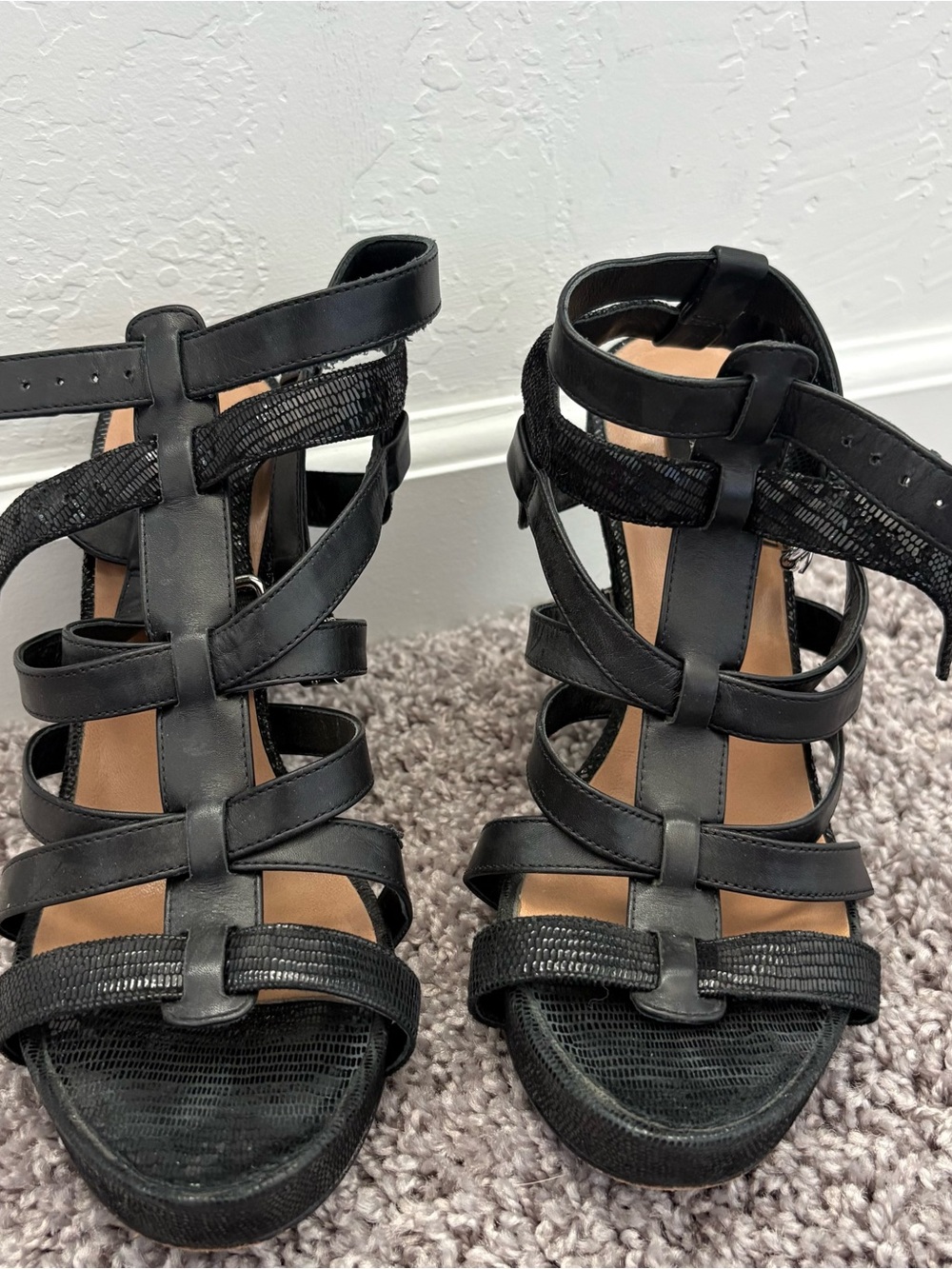 Ann Taylor Women's Black Strappy Shiny High-Heel Allison Buckle Wedge Sandals